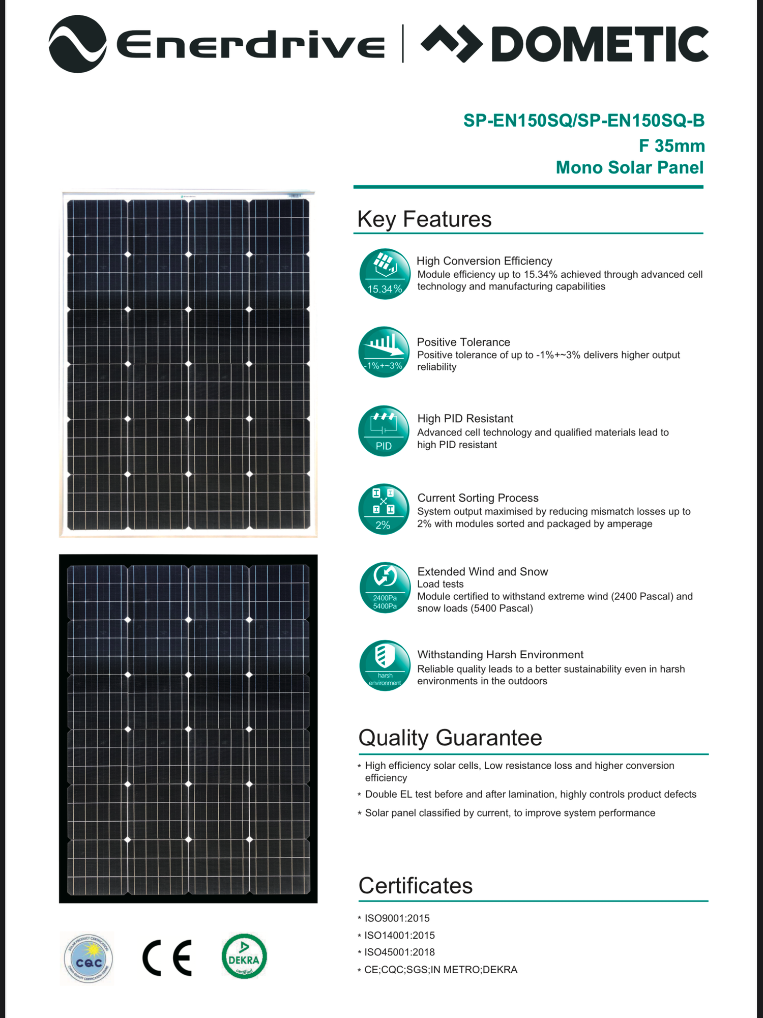ENERDRIVE SOLAR PANEL - 150W MONO SQUAT BLACK FRAME + LOW PROFILE RACK